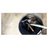 pail of yard tools - cultivator, hatchet & more