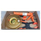Caulk gun, trimmer line & squeeze clamps