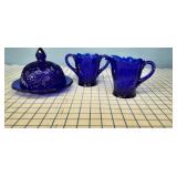 3pc blue glass pitchers & cheese dish