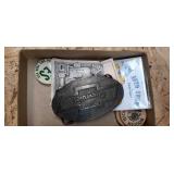 Chevorlet belt buckle, wooden nickels & more