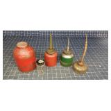 Byron A4C3 5pc oil cans 4" to 9" Tall red/ green/