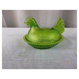 Byron 7 1pc Hen on a nest Candy dish Green Glass