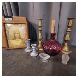 I3 5pc brass candle holders Jesus picture vases