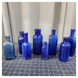 S2 8pc Antique Bottles Blue Apothicary 5-7" Tall