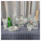 F2 10pc assorted Glassware vases, bottles, cake pl