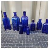 S2 8pc Antique Bottles Blue Apothicary 5-7" Tall