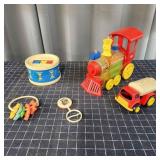 P2 5pc Vintage Toddler toys: Drum, rattle, train,