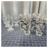 I2 10pc drinking glasses: Train pattern, etched