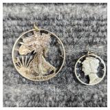 MC 2pc Die cut walking liberty, mercury dime, pend