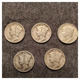MC 5Pc 1935-1943 Mercury dimes silver