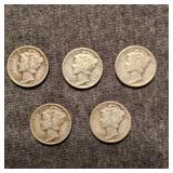 MC 5Pc 1935-1943 Mercury dimes silver