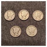 MC 5PC 1936-1943 Mercury dimes silver