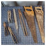 T2 7pc vice grips, (2) Saws, fence pliers, Tongs
