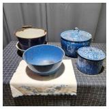 P3 5pc Enamelware pots / bowls 8-12' dia Blue enam