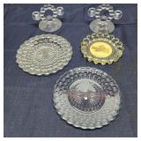 L5 4pc Fostoria candle holders, (2) plates, Ashtra