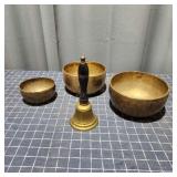 L5 4pc Brass bell, (3) Brass Bowls, 5-7'