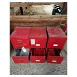Three Red Metal Two-Drawer File Cabinets Set of th