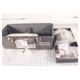 Plastic tool box w/ pipe fittings, & spray can