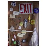 burlap wall hanging w/ pins, buttons, & more