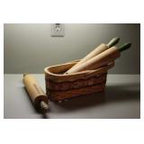 3 Green Handle Wood Rolling Pins & Basket