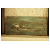 Vintage Oil on Canvas Snowy Cabin & Sleigh