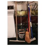 Mop bucket, brooms, squeegee, sponge mop