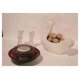 Ceramic chicken w/ wood eggs, 2 cut glass cherubs