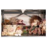 Group of plush bears in a hatbox & cloth doll