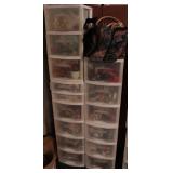 Group of five plastic storage units w/ contents