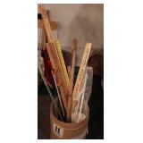 Cardboard barrel w/ cane, yard sticks & grabber