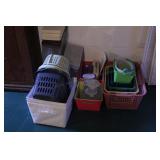 Group of totes, laundry baskets & ss trash can