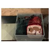 Metal basket w/ hot pads, dish towels, apron