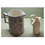 Vintage Blue Spongeware Pitcher & Small Oil