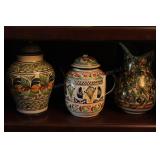 3 Hand Painted Pottery (tea pot, pitcher,urn)
