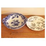 2pc Flow Blue Bowl & Antique Floral Plate