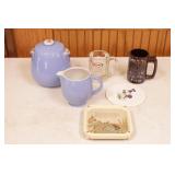Mixed Kitchenwares pitcher, biscuit jar, mugs