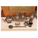 Pewter serving pieces & aluminum tray