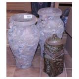 Pair of 16"H clay vases & square art pottery