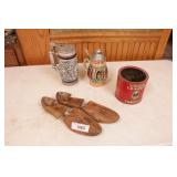 2 steins & a pair of shoe strechers & Tobacco tin