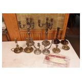 Brass, pewter, wood & Silver plate candle sticks