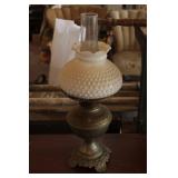 Brass Kerosene Lamp w/Hobnail Milk Glass Shade