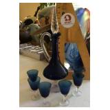 Blue glass liqueur decanter and 6 glasses