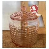 Pink Depression glass biscuit jar