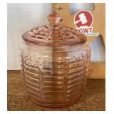 Pink Depression glass biscuit jar
