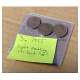 Three 1955 Pennies slight doubling on last 5