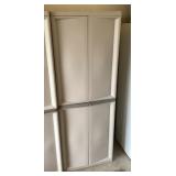Plastic 2-door garage cabinet and contents Plastic 2-door garage cabinet and contents