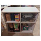 32' square white cubby shelf and contents 32' square white cubby shelf and contents