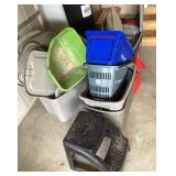 Group of plastic totes, pet taxis, stepstools Group of plastic totes, pet taxis, stepstools