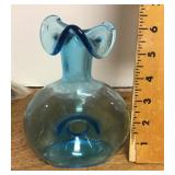 Blue glass donut hole vase with ruffle rim