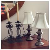 2 table lamps and pair of candlesticks